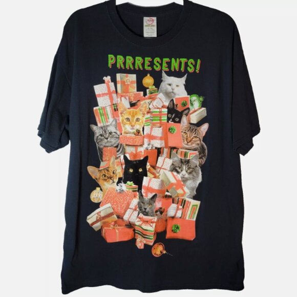 Dec 25th Tshirt Tee Christmas Cats Adult XL Tabby Prrresents Crazy Cat Lady Xmas - Picture 1 of 10